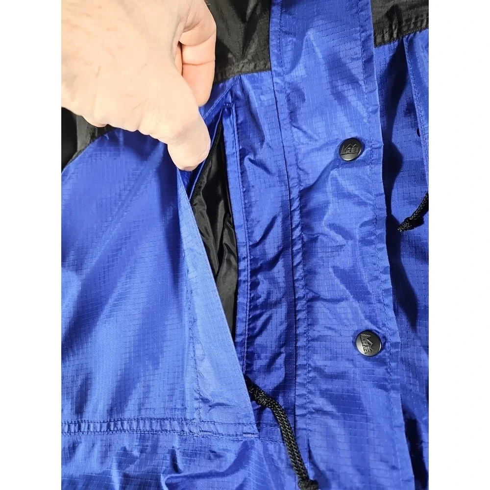 Vintage REI GoreTex Jacket Women M Blue Black Waterproof Hooded Rip Stop Zip Pit